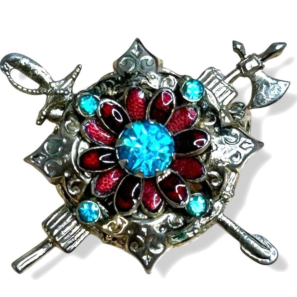 Coro Vintage Heraldic Shield Brooch Silver Tone Red Enamel Blue Rhinestone 1950s
